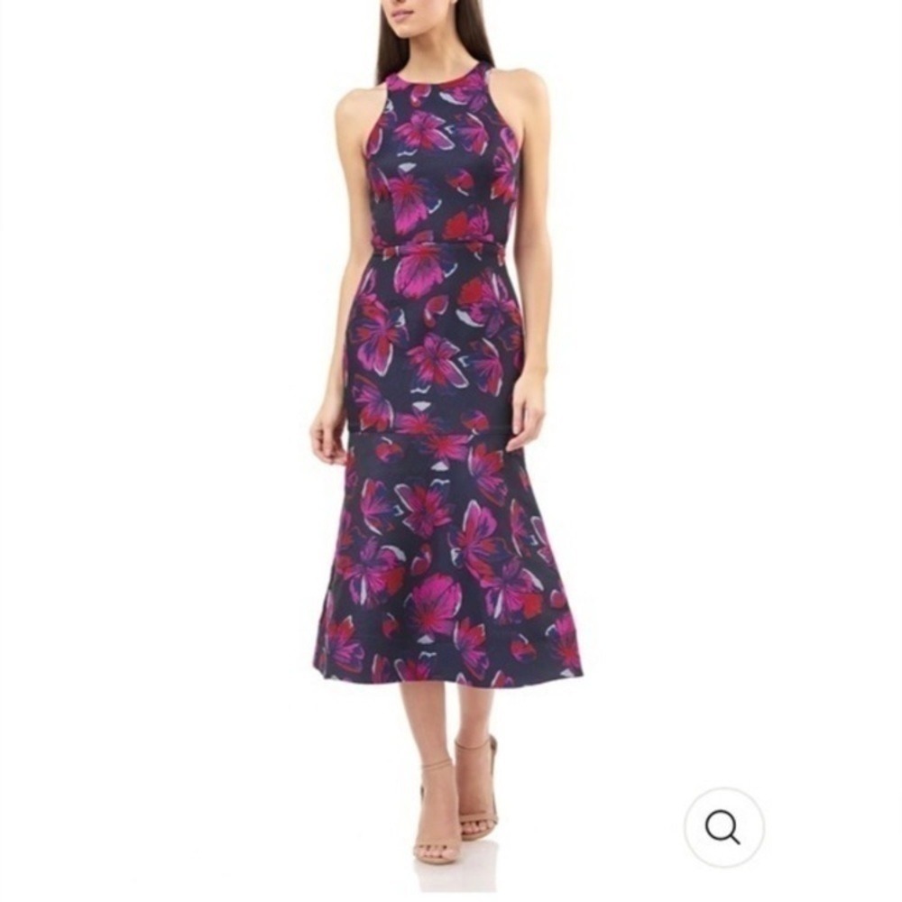 NWT JS‎ Collections Midi Dress Women Size 16 Navy Pink New Floral Halter Mermaid